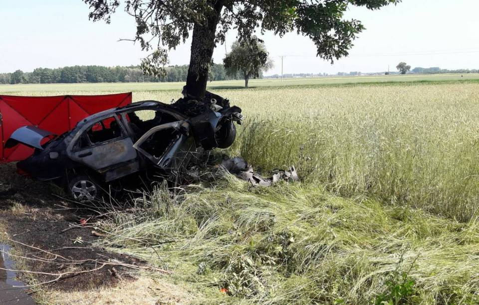 Koszmarny wypadek na DK91. Auto rozbiło się o drzewo i stanęło w płomieniach. Nie żyje kierowca