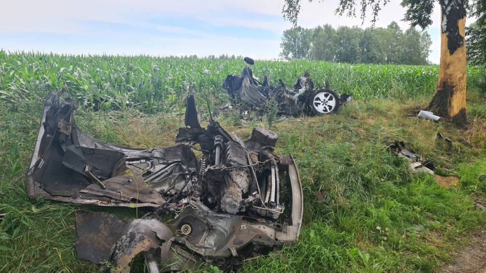 Koszmarny wypadek w powiecie zgierskim! Auto rozpadło się na części, ciało kierowcy znaleziono na polu
