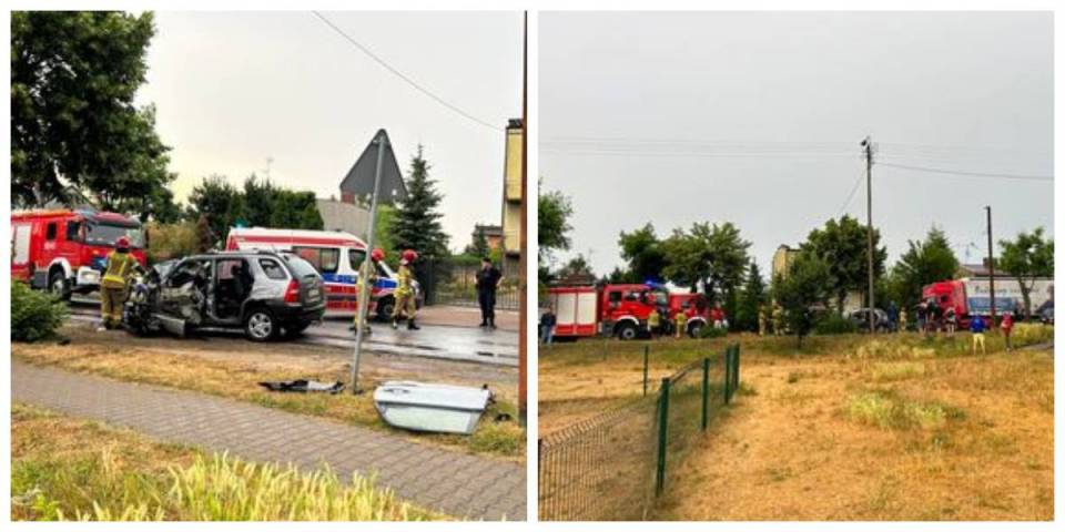 Groźny wypadek w Ozorkowie, osobówka zderzyła się z ciężarówką